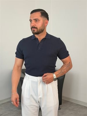 Kırçıllı Polo Yaka Düğmeli Triko Tişört Lacivert