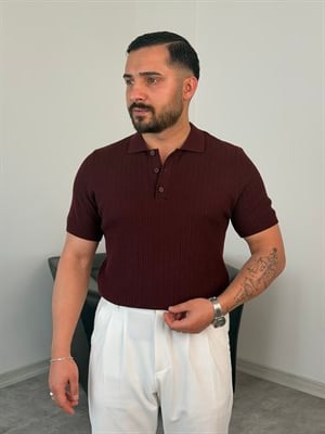 Kırçıllı Polo Yaka Düğmeli Triko Tişört Bordo