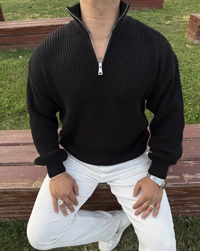 KIŞLIK PREMİUM YARIM FERMUAR TRİKO SWEATSHİRT SİYAH