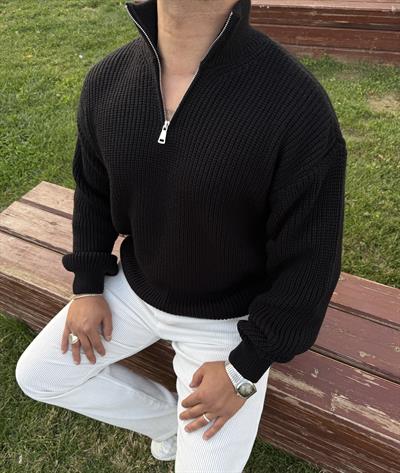 KIŞLIK PREMİUM YARIM FERMUAR TRİKO SWEATSHİRT SİYAH
