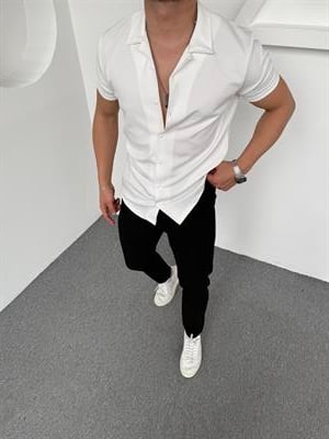 Klasik Siyah Kumaş Pantolon Kısakol Beyaz Gömlek Takım