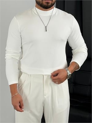 Krep Balıkçı Yaka İçi Şardonlu Sweatshirt Beyaz