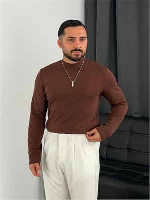 Krep Balıkçı Yaka İçi Şardonlu Sweatshirt Acı Kahve