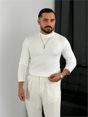 Krep Balıkçı Yaka İçi Şardonlu Sweatshirt Beyaz