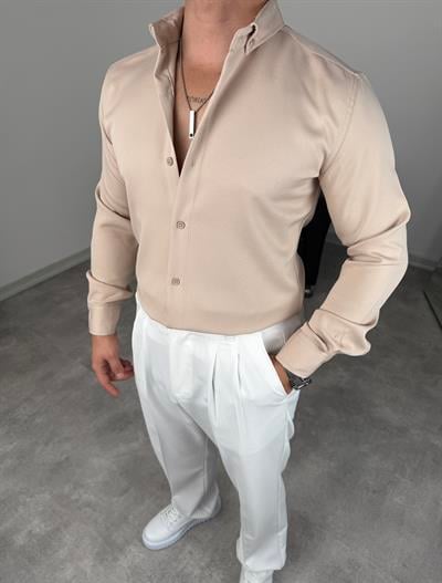 LİKRALI DABIL KUMAŞ GÖMLEK BEJ