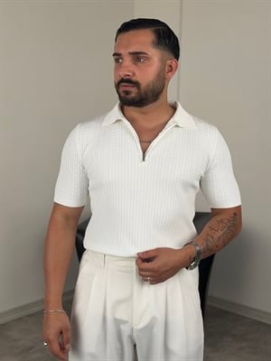 LRD SAÇ ÖRGÜ YARIM FERMUAR TİŞÖRT BEYAZ