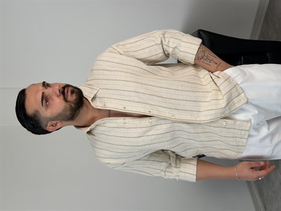 MASS HAM KETEN ÇİZGİLİ UZUNKOL GÖMLEK BEJ