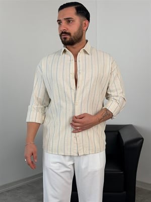 MASS HAM KETEN ÇİZGİLİ UZUNKOL GÖMLEK BEBE MAVİ