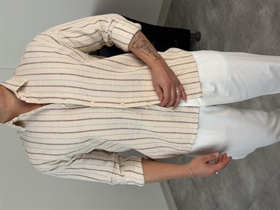 MASS HAM KETEN ÇİZGİLİ UZUNKOL GÖMLEK MÜRDÜM