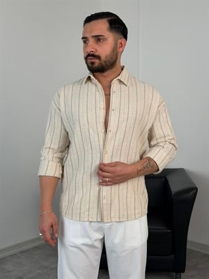 MASS HAM KETEN ÇİZGİLİ UZUNKOL GÖMLEK BEJ