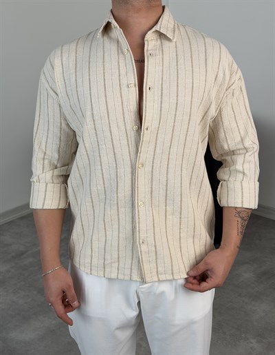 MASS HAM KETEN ÇİZGİLİ UZUNKOL GÖMLEK BEJ