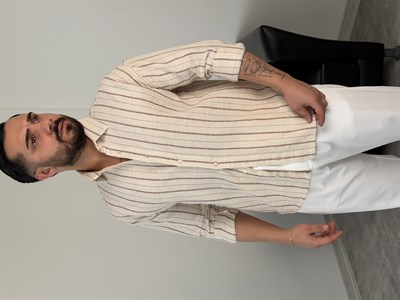 MASS HAM KETEN ÇİZGİLİ UZUNKOL GÖMLEK MÜRDÜM