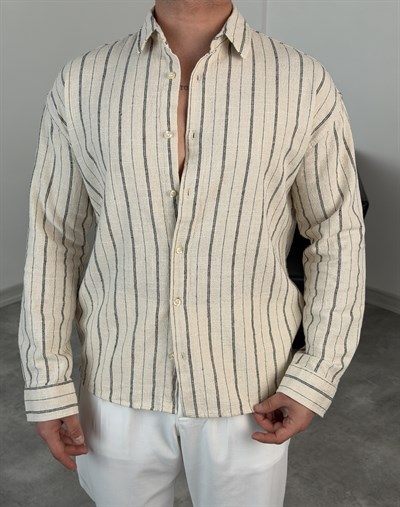 MASS HAM KETEN ÇİZGİLİ UZUNKOL GÖMLEK SİYAH