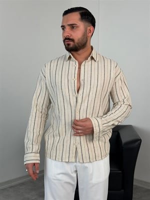 MASS HAM KETEN ÇİZGİLİ UZUNKOL GÖMLEK SİYAH