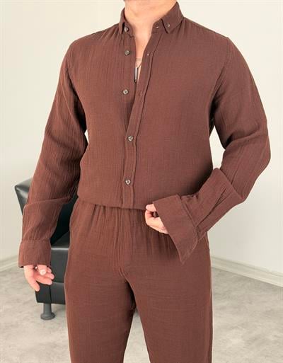 MÜSLİN KUMAŞ YIKAMALI UZUNKOL GÖMLEK ACI KAHVE