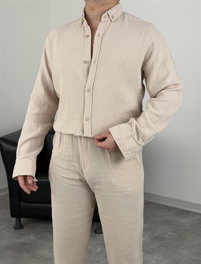 MÜSLİN KUMAŞ YIKAMALI UZUNKOL GÖMLEK BEJ