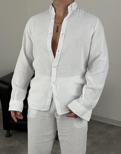 MÜSLİN KUMAŞ YIKAMALI UZUNKOL GÖMLEK BEYAZ