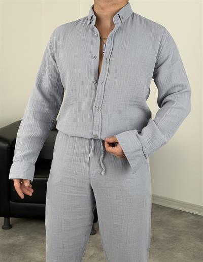 MÜSLİN KUMAŞ YIKAMALI UZUNKOL GÖMLEK GRİ