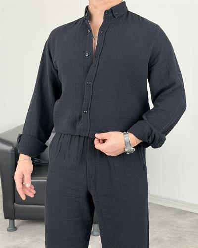 MÜSLİN KUMAŞ YIKAMALI UZUNKOL GÖMLEK SİYAH