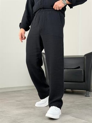 MÜSLİN KUMAŞ YIKAMALI UZUNKOL PANTOLON SİYAH