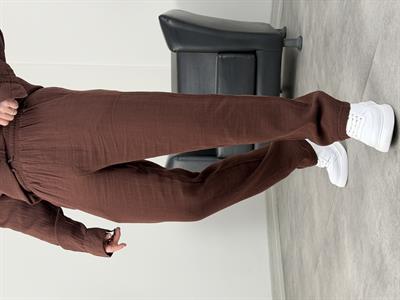 MÜSLİN KUMAŞ YIKAMALI UZUNKOL PANTOLON ACI KAHVE