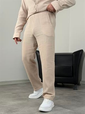 MÜSLİN KUMAŞ YIKAMALI UZUNKOL PANTOLON BEJ