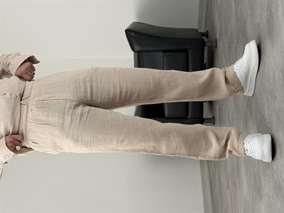 MÜSLİN KUMAŞ YIKAMALI UZUNKOL PANTOLON BEJ