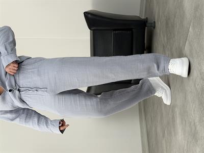 MÜSLİN KUMAŞ YIKAMALI UZUNKOL PANTOLON GRİ