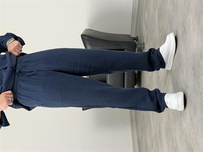 MÜSLİN KUMAŞ YIKAMALI UZUNKOL PANTOLON LACİVERT