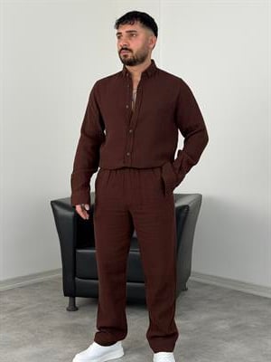 MÜSLİN KUMAŞ YIKAMALI UZUNKOL TAKIM ACI KAHVE