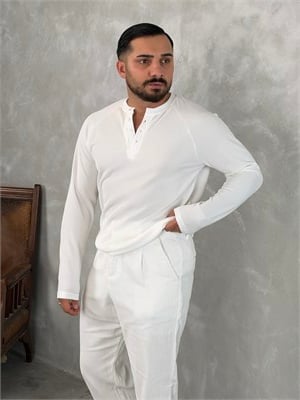 Ottoman Henley Yaka Sweatshirt Beyaz