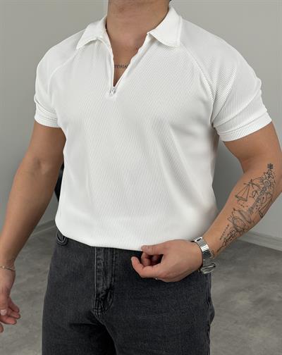 OTTOMAN YARIM FERMUAR POLO YAKA TİŞÖRT BEYAZ