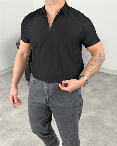 OTTOMAN YARIM FERMUAR POLO YAKA TİŞÖRT SİYAH
