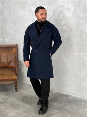 Oversize Astarlı Kaşe Kaban Lacivert