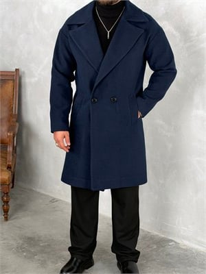 Oversize Astarlı Kaşe Kaban Lacivert