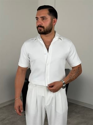 OYS KUMAŞ İNCE ÇİZGİLİ KISAKOL GÖMLEK BEYAZ