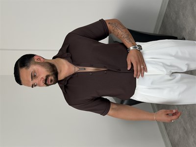 OYS KUMAŞ İNCE ÇİZGİLİ KISAKOL GÖMLEK ACI KAHVE