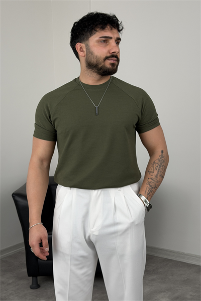 ÖZEL KALIP REGLAN KOL TİŞÖRT HAKİ YEŞİL