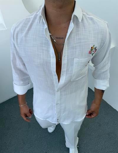 Papatya Desen Keten Gömlek Beyaz