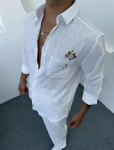 Papatya Desen Keten Gömlek Beyaz