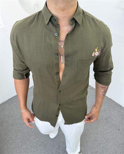 Papatya Desen Keten Gömlek Haki