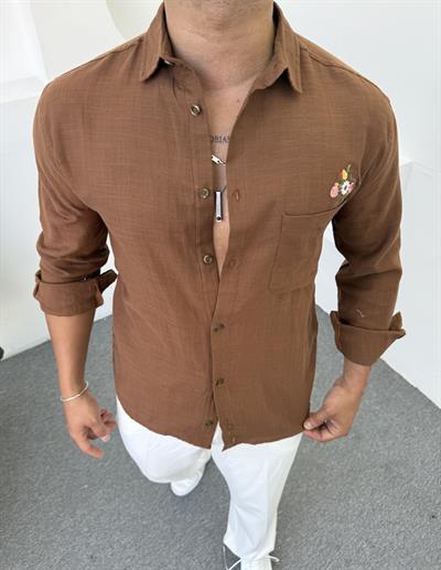 Papatya Desen Keten Gömlek Kahverengi