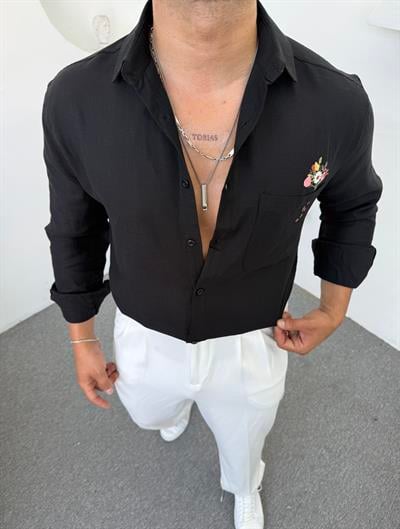 Papatya Desen Keten Gömlek Siyah