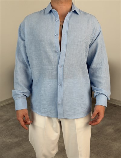 PERA KETEN UZUNKOL OVERSİZE GÖMLEK BEBE MAVİ