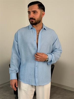 PERA KETEN UZUNKOL OVERSİZE GÖMLEK BEBE MAVİ