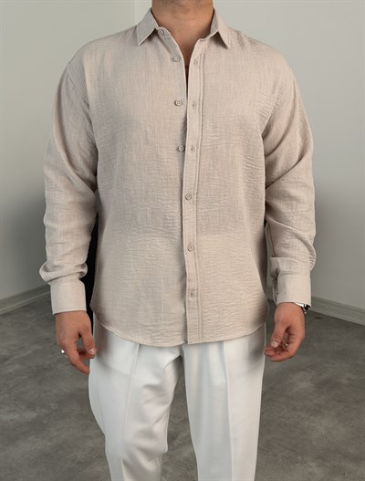 PERA KETEN UZUNKOL OVERSİZE GÖMLEK BEJ