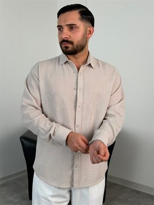 PERA KETEN UZUNKOL OVERSİZE GÖMLEK BEJ