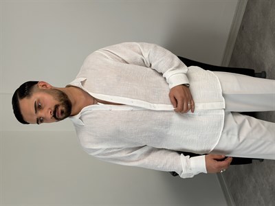 PERA KETEN UZUNKOL OVERSİZE GÖMLEK BEYAZ