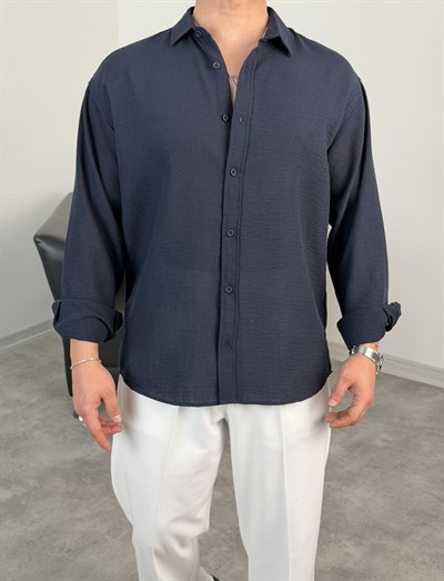 PERA KETEN UZUNKOL OVERSİZE GÖMLEK LACİVERT