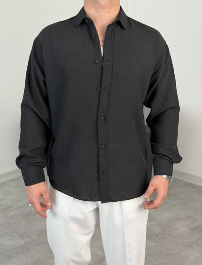 PERA KETEN UZUNKOL OVERSİZE GÖMLEK SİYAH